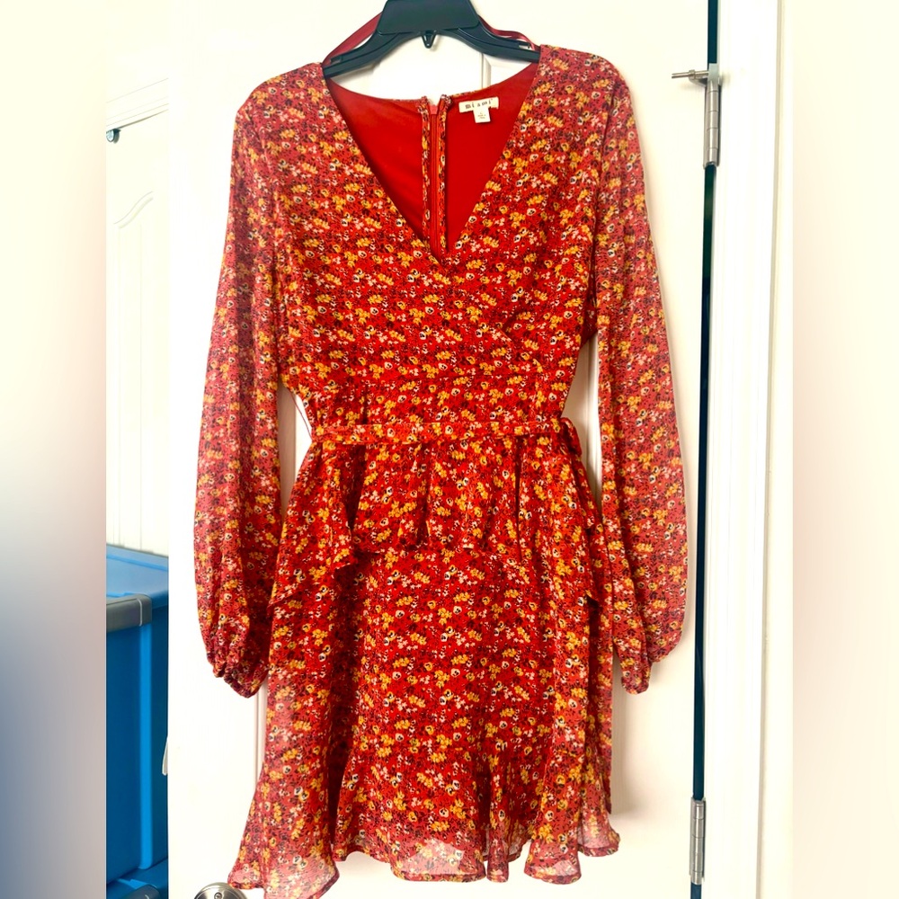 New Ruffle burnt orange floral Pre-fall long sleeve mini dress ❤️ never worn!